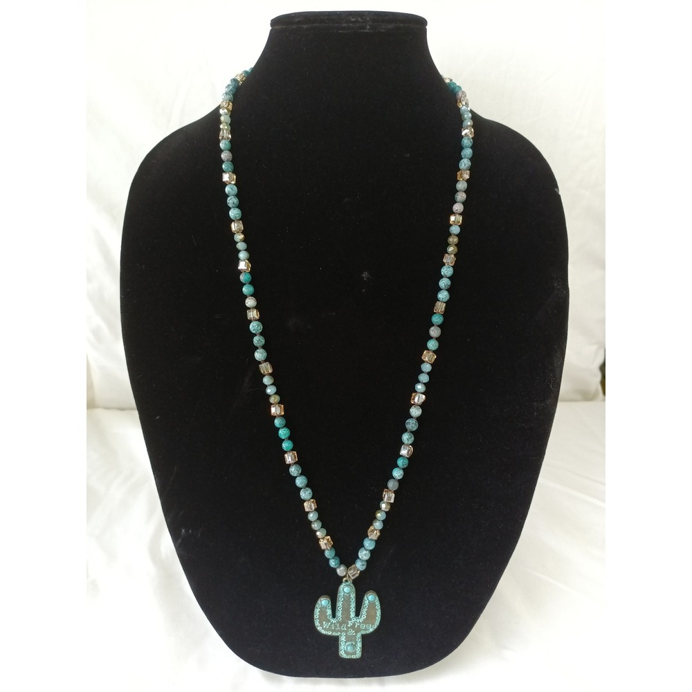 Wild & Free Cactus Pendant Beaded Necklace Turquoise Bronze Boho Southwestern - Picture 1 of 9